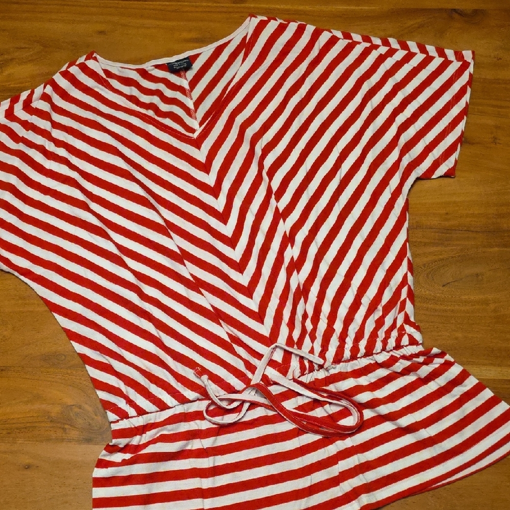 Faded Glory Red & White Striped V-Neck Drawstring Waist Tunic